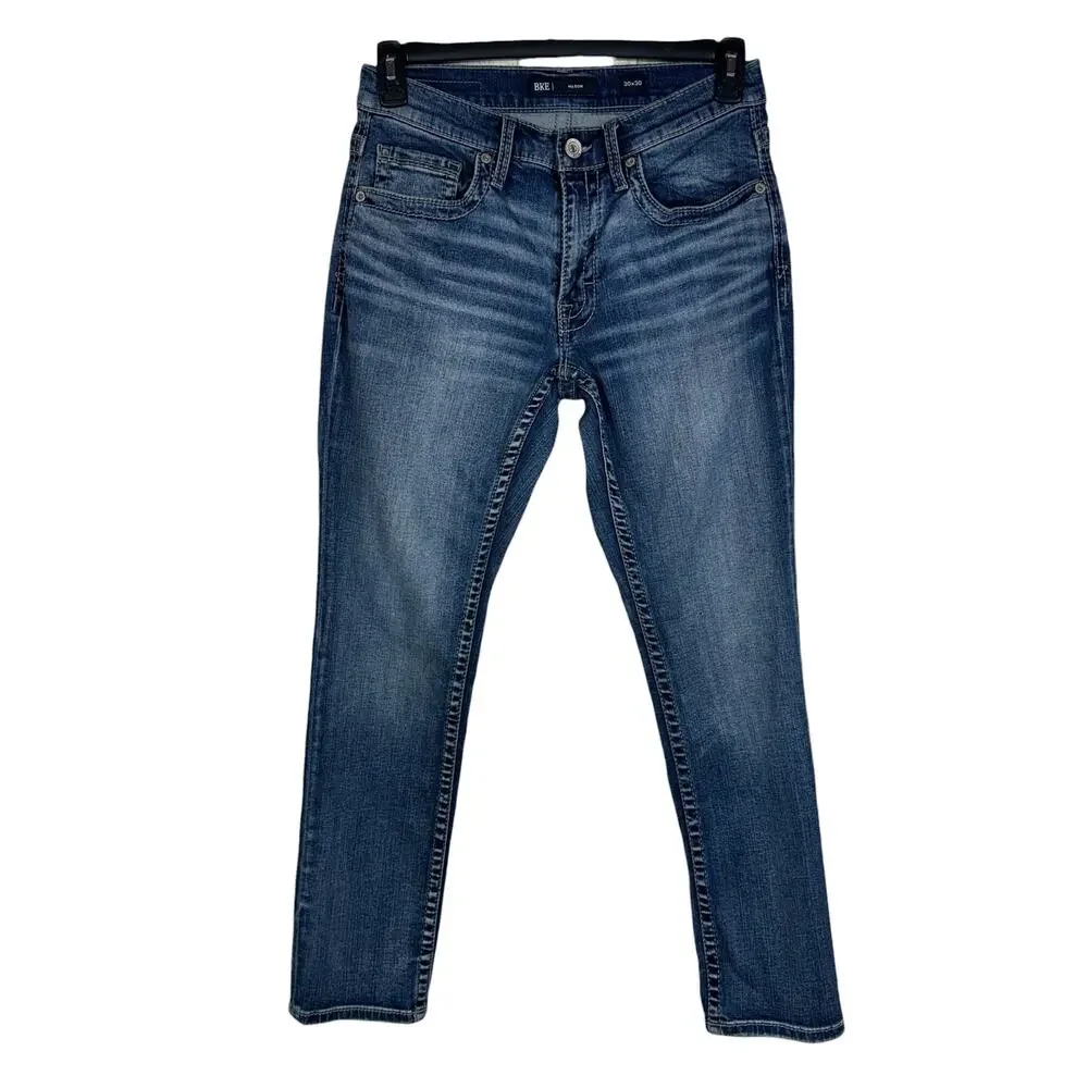 BKE SZ 30x30 Mens Mason Jeans Stretch Zip-Fly Pocket Whiskered Straight Leg Blue